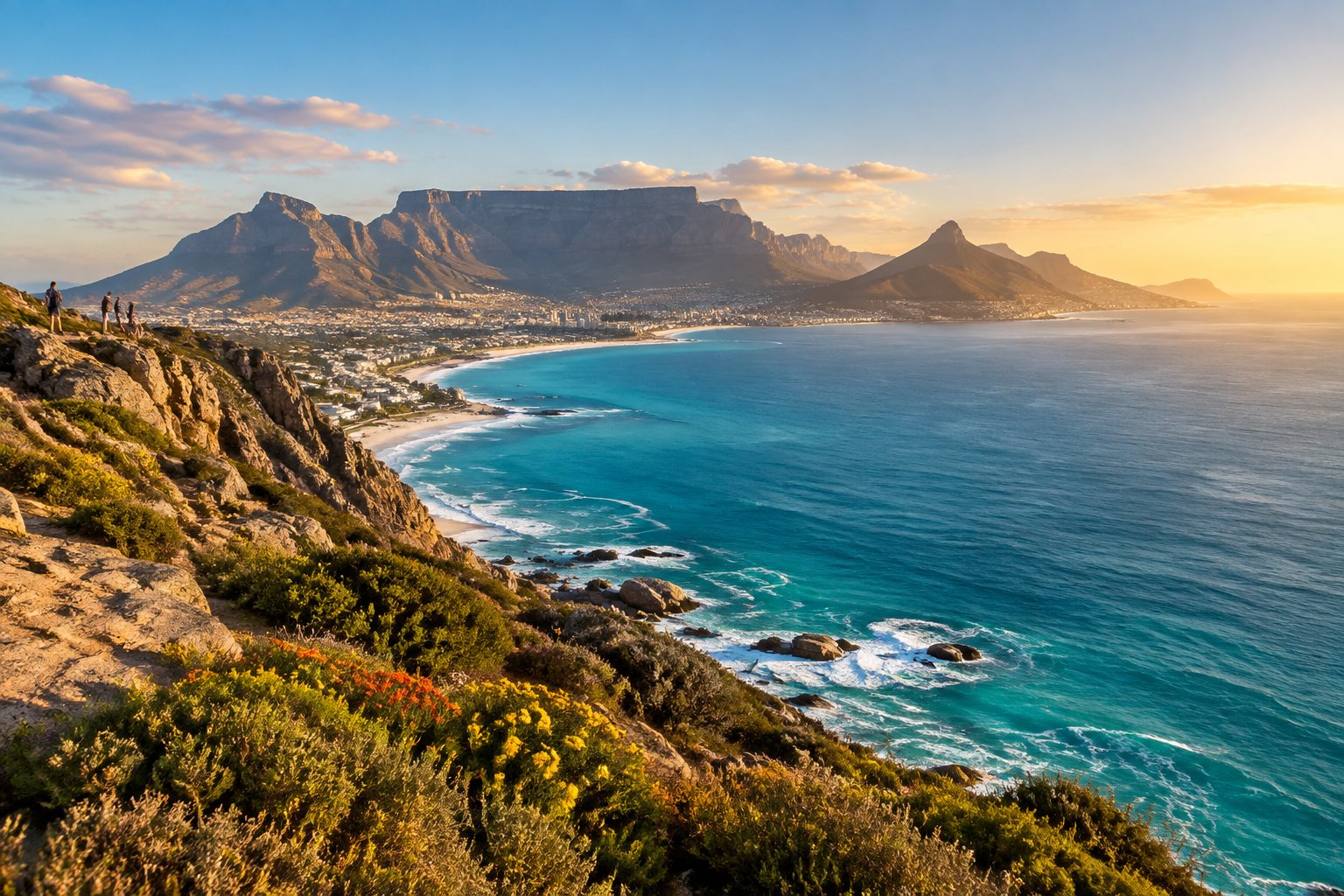 A coastal viewpoint overlooks the ocean and Table Mountain near Cape Town.