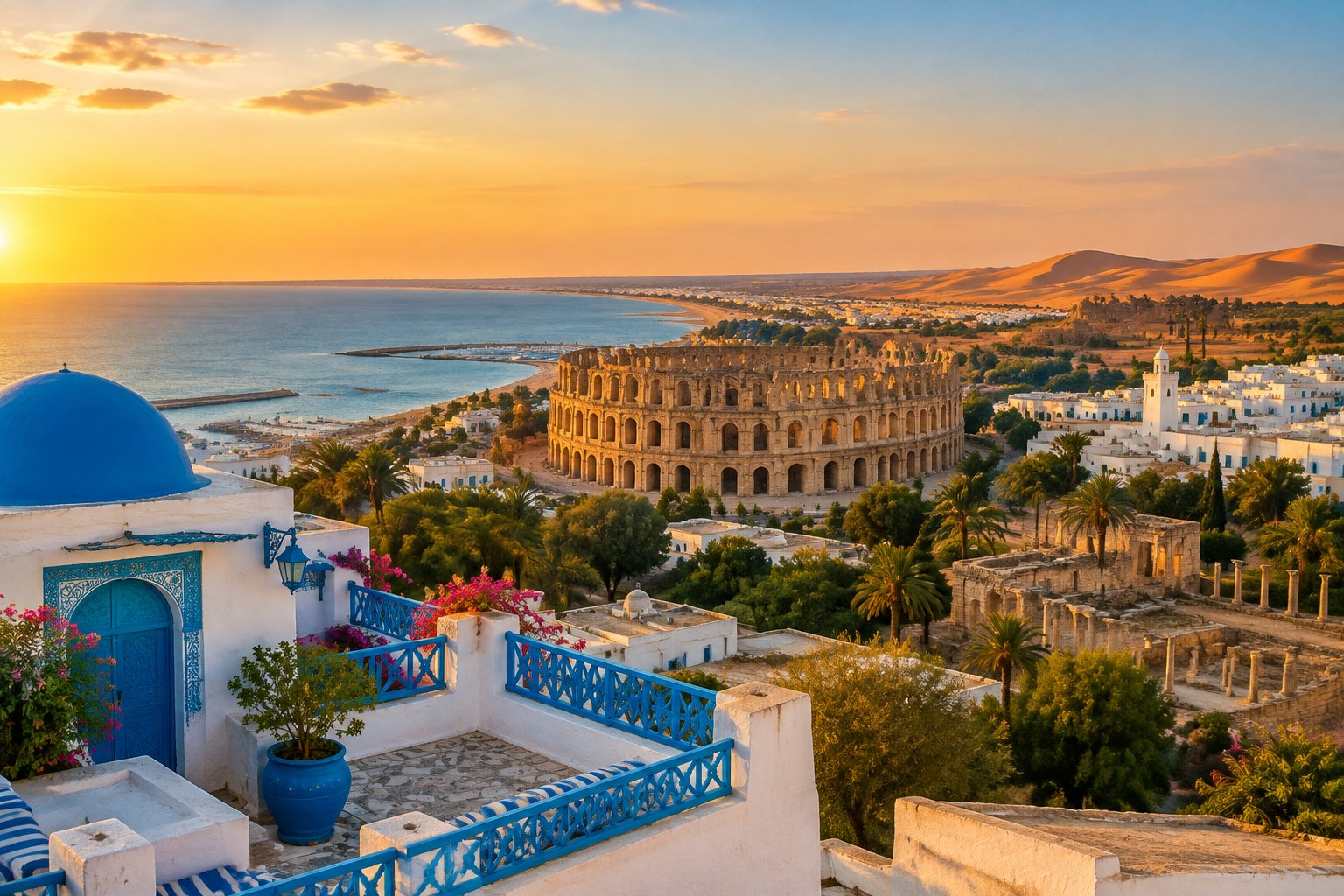 A coastal Tunisian town overlooks the Mediterranean, with an ancient amphitheater and desert landscape in the distance.