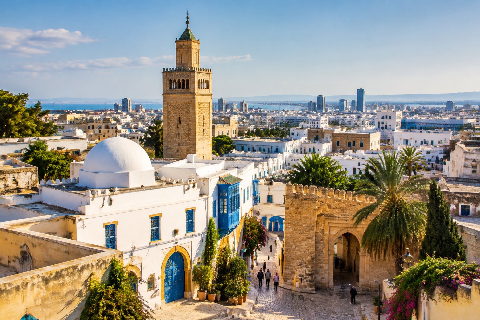 Historic buildings and a mosque minaret rise above the streets of Tunis.