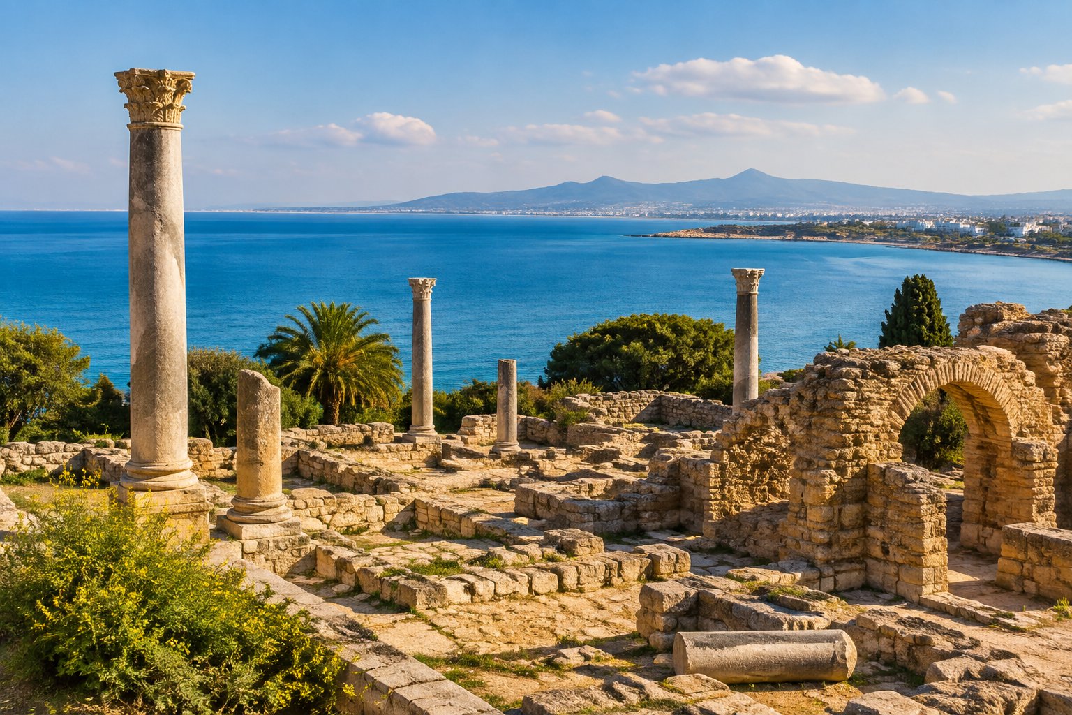 Ancient stone ruins overlooking the blue Mediterranean Sea at Carthage.