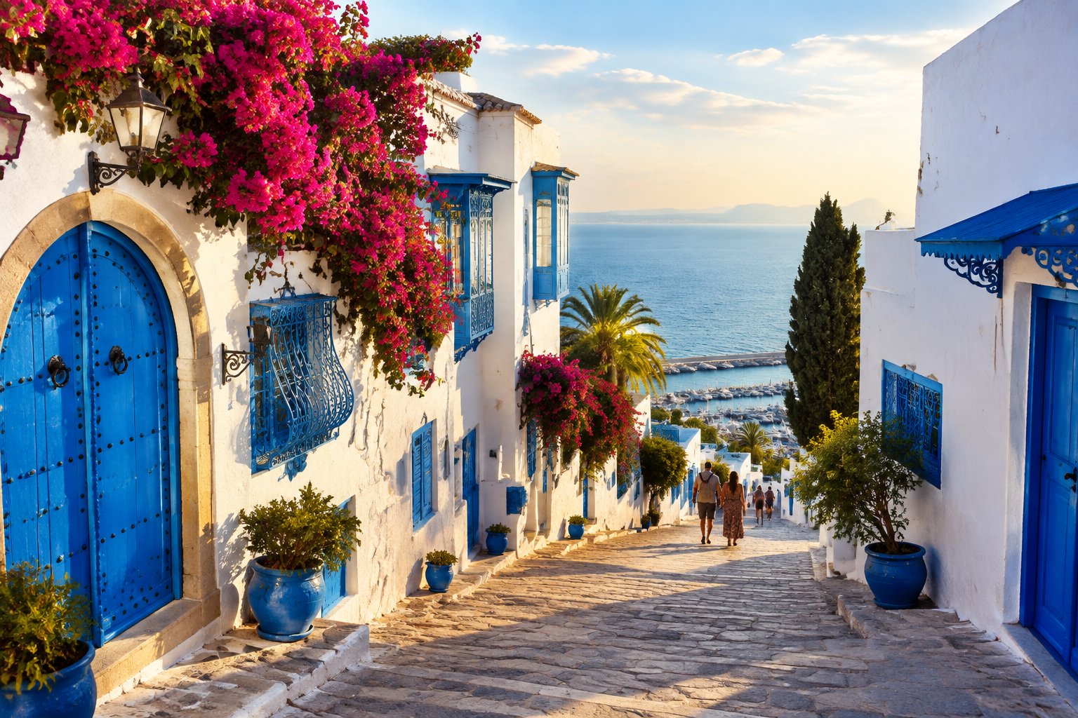A blue-and-white street in Sidi Bou Said overlooking the Mediterranean Sea.