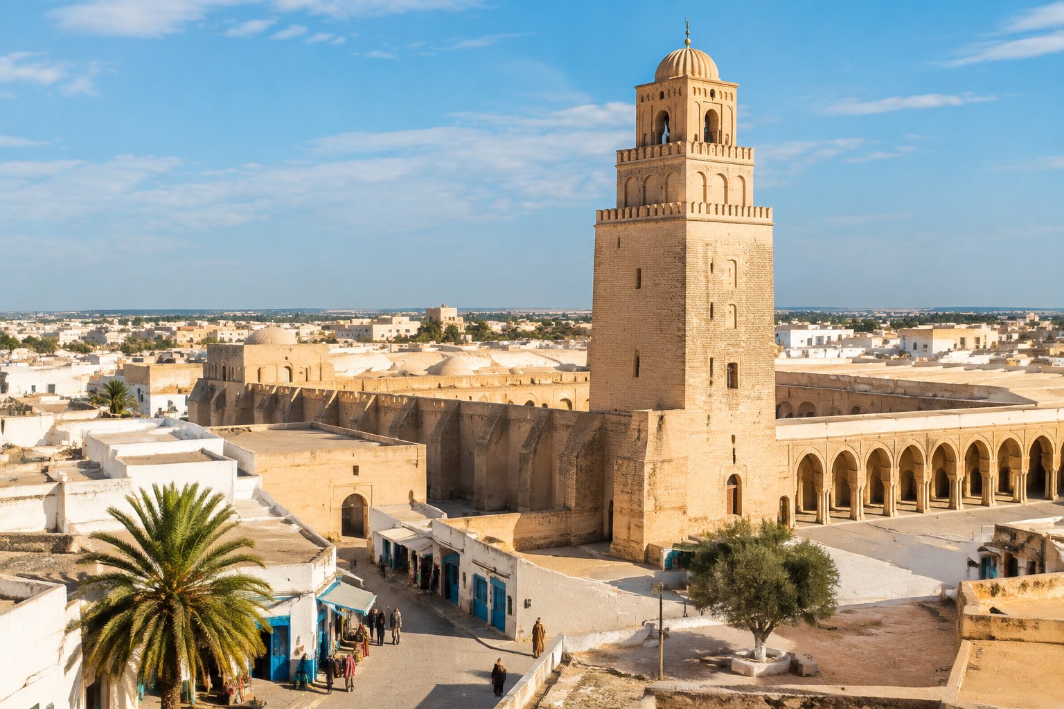 The Great Mosque of Kairouan rises above the historic buildings of the city.