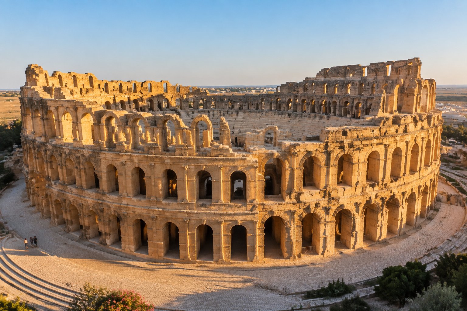 The ancient stone amphitheatre at El Jem rises above a few visitors.