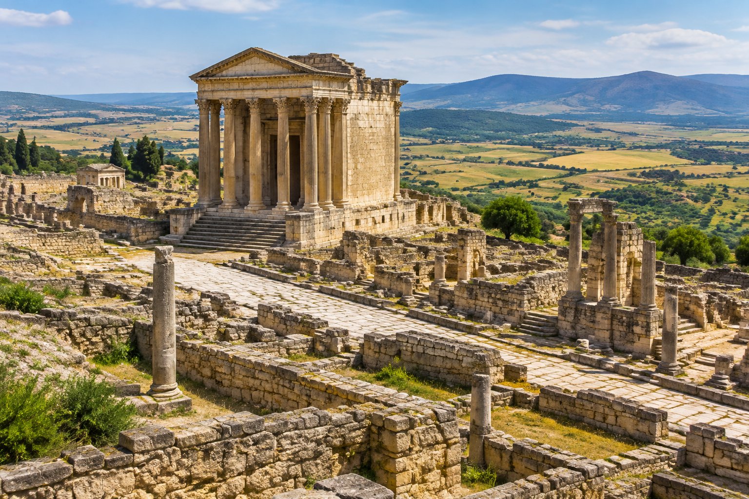 The ancient stone ruins and Capitol temple of Dougga on a hillside in Tunisia.