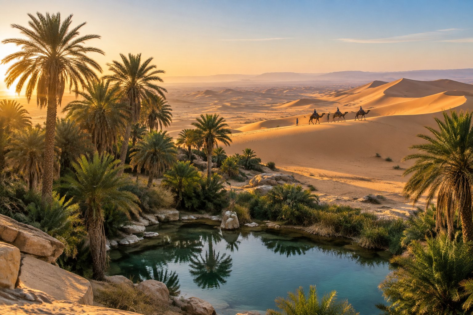Travelers on camels cross golden dunes near a palm-lined oasis.