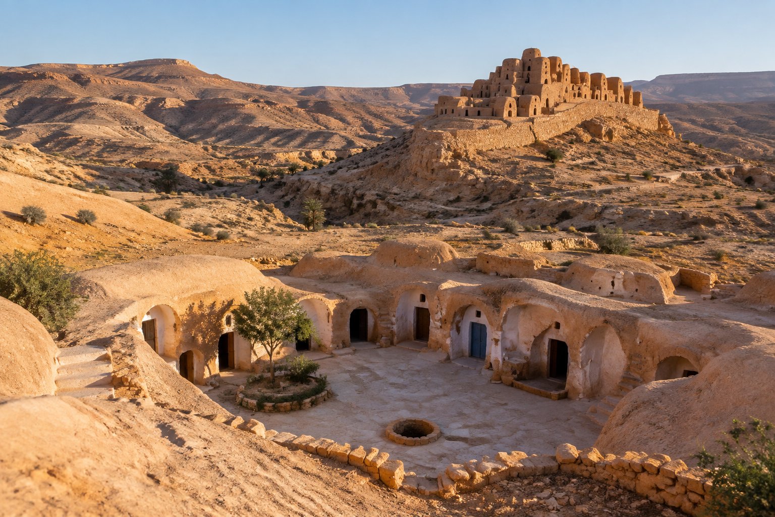 Traditional earthen homes built into a hillside with a fortified ksar on a distant ridge.