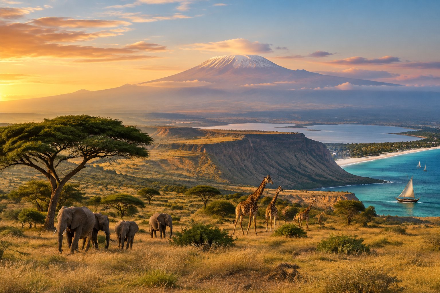 Elephants and giraffes stand on a Kenyan savanna beneath Mount Kenya, with the Rift Valley and Indian Ocean coast in the distance.