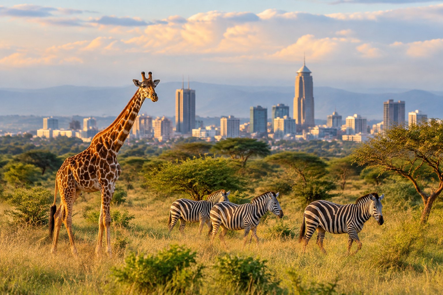Giraffes and zebras graze in Nairobi National Park with the city skyline in the distance.