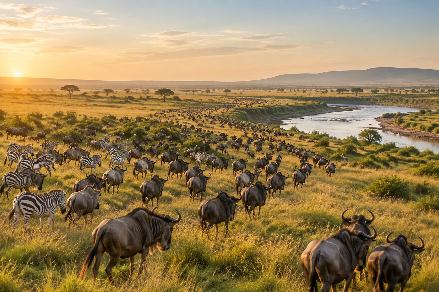 A herd of wildebeest and zebras crosses the Maasai Mara savanna near a winding river.