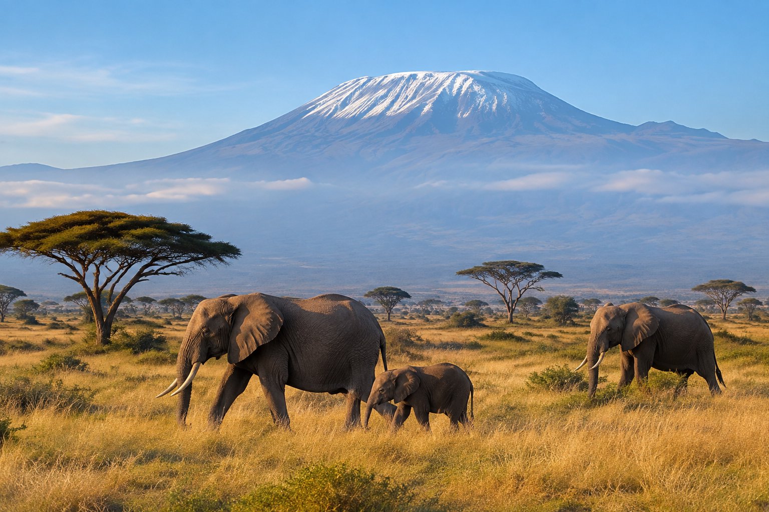 Elephants walk across the Amboseli savanna beneath Mount Kilimanjaro.