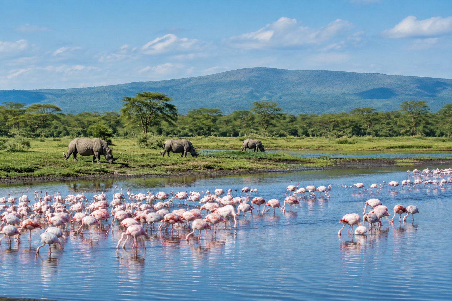 Flamingos gather in Lake Nakuru as rhinoceroses graze along the shore.