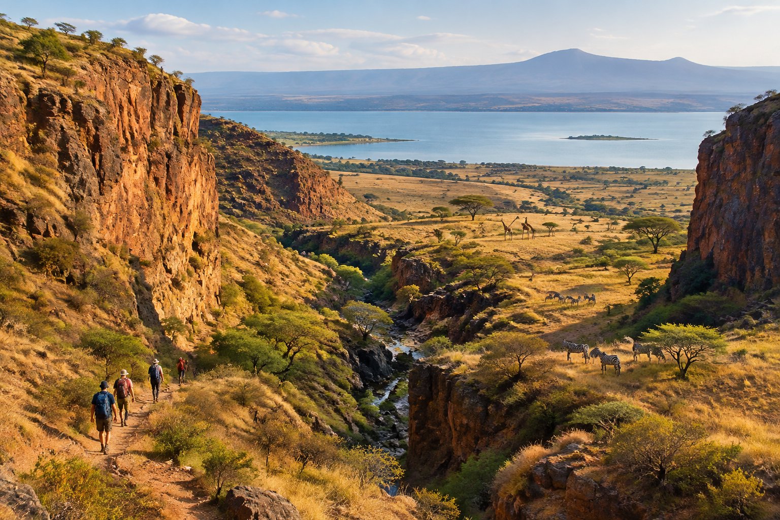 Hikers explore a rocky gorge above Lake Naivasha, with wildlife on the surrounding grassland.