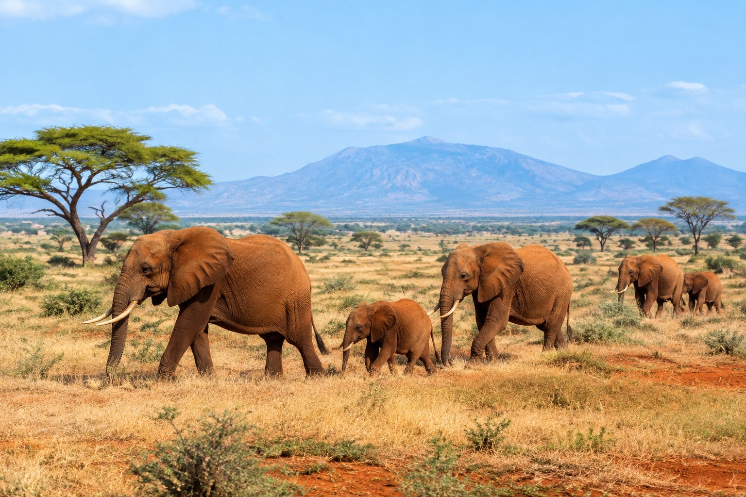 Red-dusted elephants cross a wide savanna beneath distant hills.