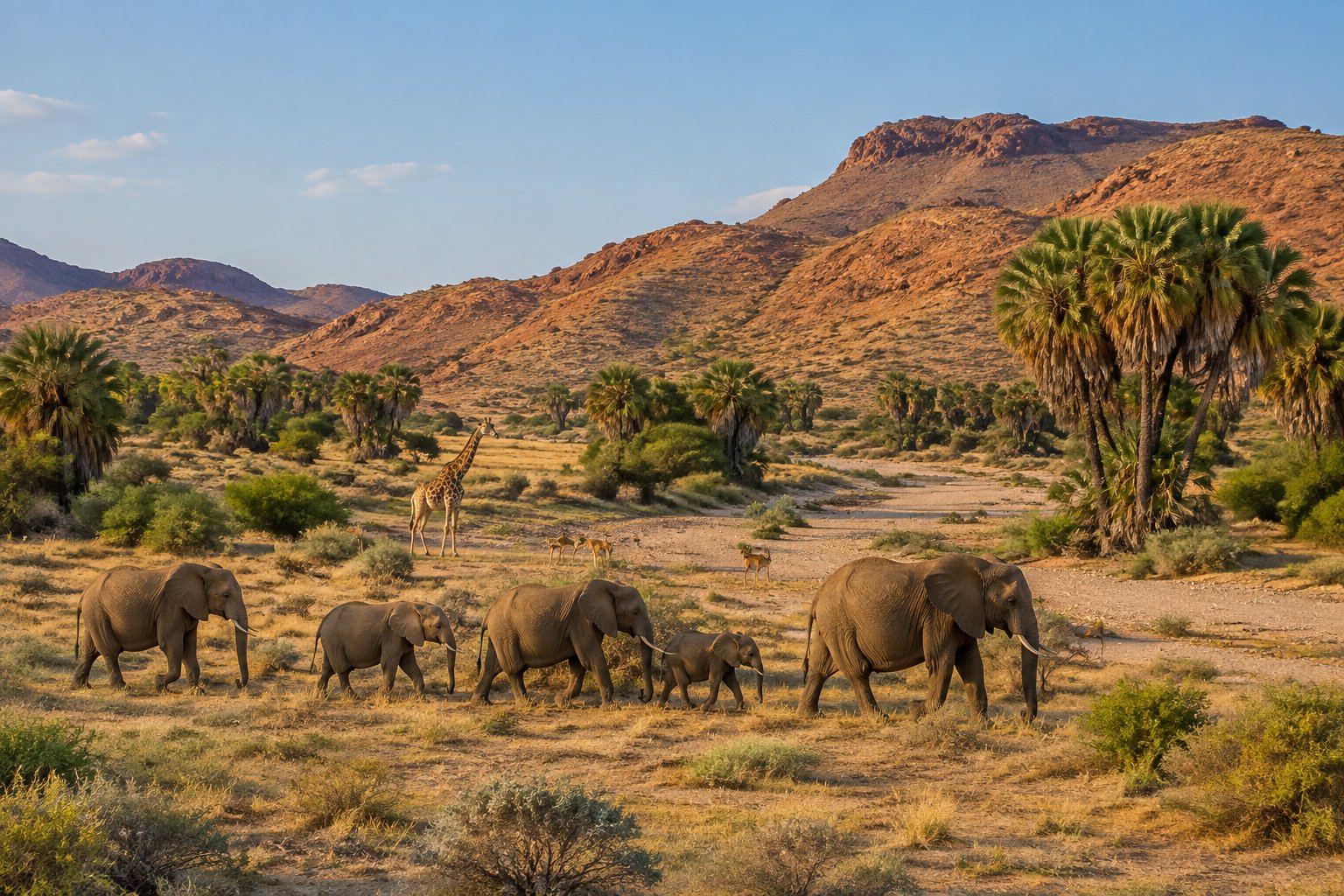 Elephants and other wildlife cross a dry riverbed in a northern Kenyan savanna.