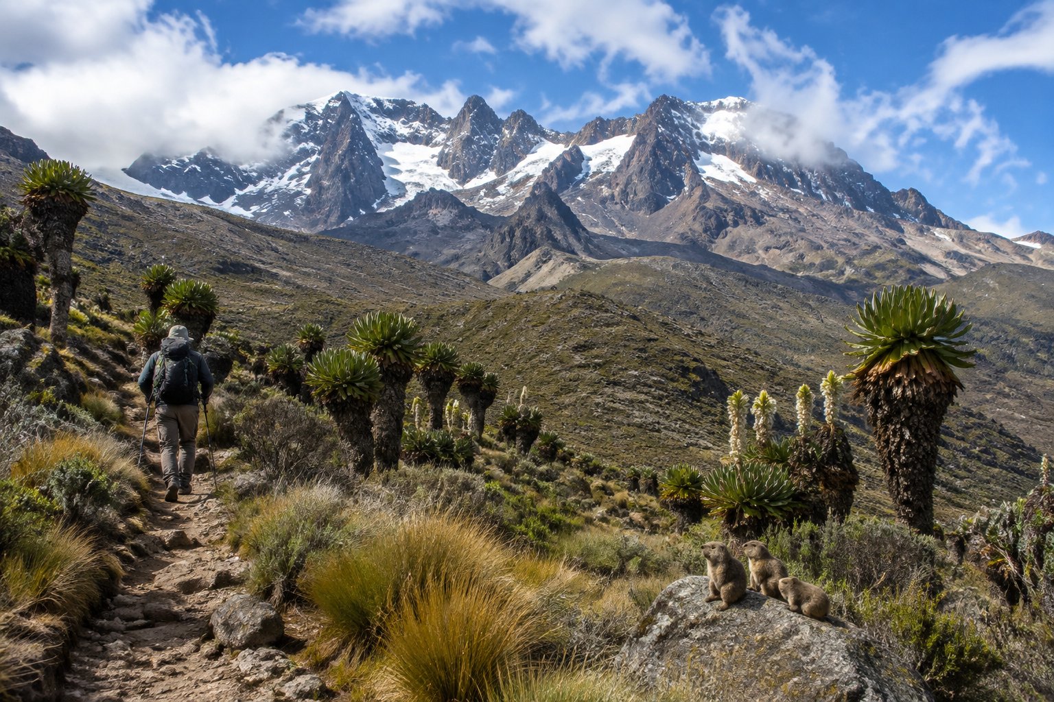 A hiker follows a high-altitude trail beneath Mount Kenya as rock hyraxes rest among alpine plants.