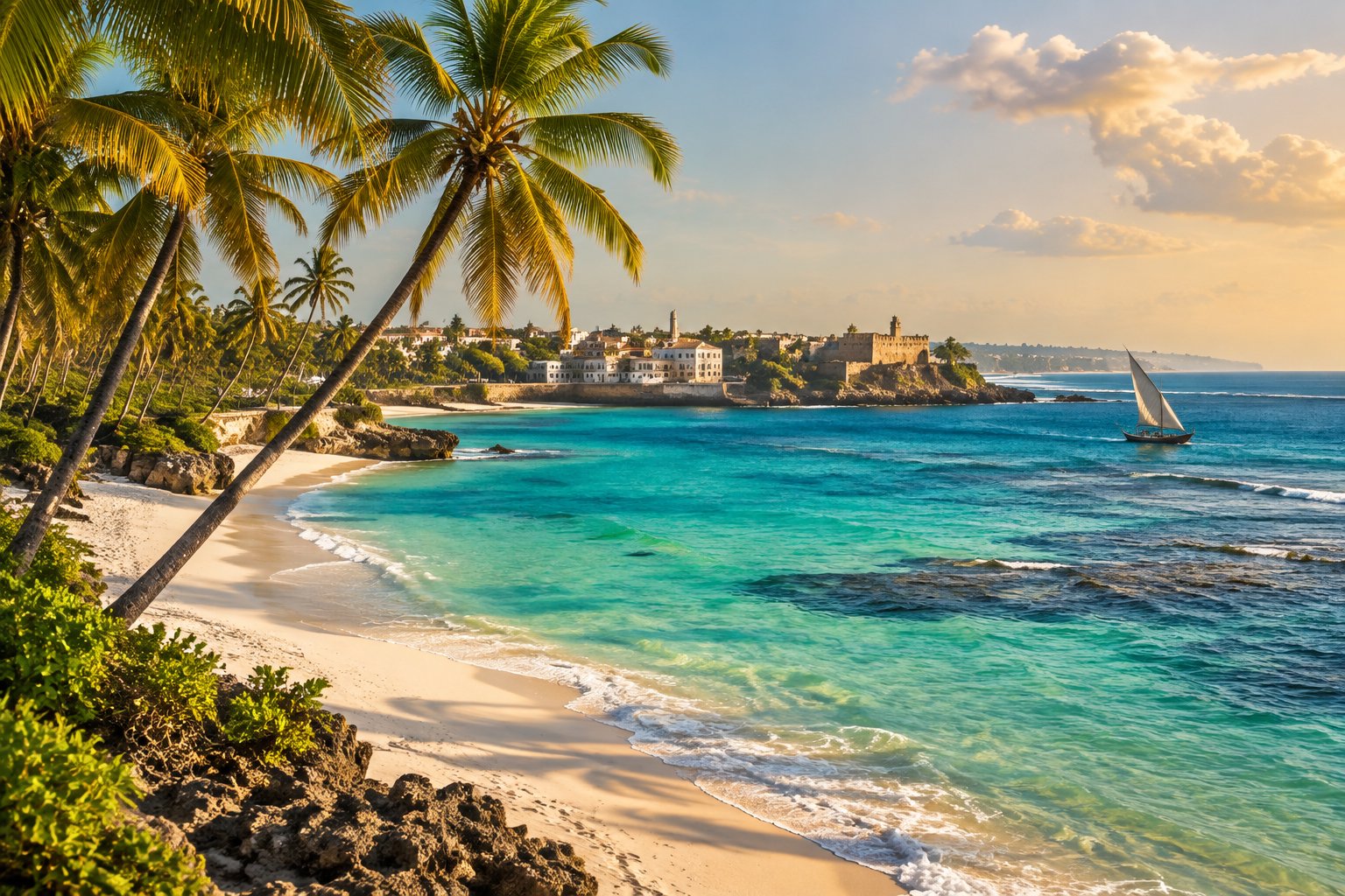 A tropical Kenyan coastline with palm trees, turquoise water, white sand, and a dhow offshore.