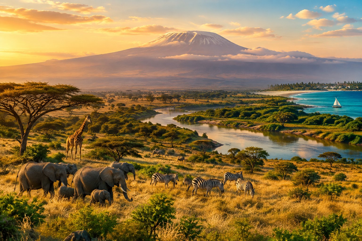 Elephants, zebras, and a giraffe roam beneath Mount Kilimanjaro, with a tropical coastline in the distance.