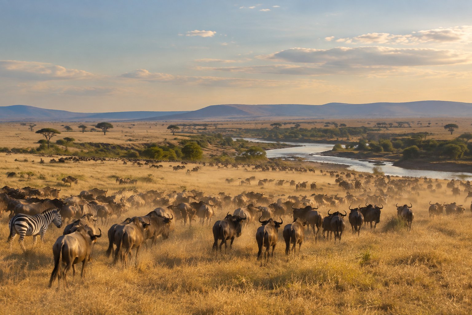 A herd of wildebeest and zebras crossing the Serengeti grassland.