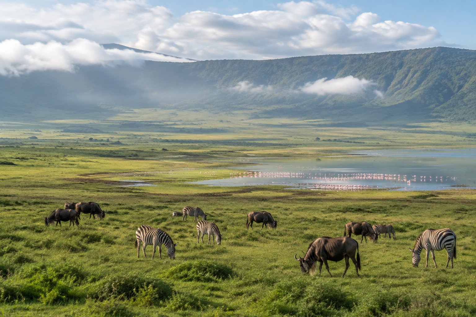 Zebras and wildebeest graze on the grassy floor of Ngorongoro Crater, with a lake and highland slopes in the distance.