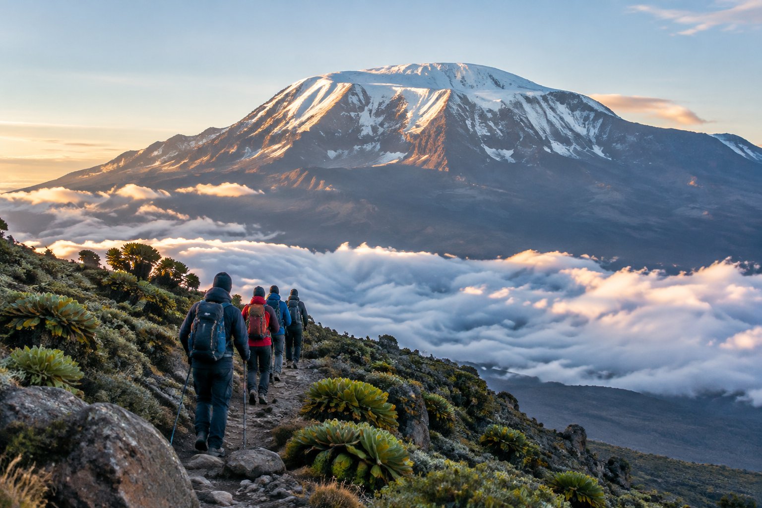 Trekkers hike toward the snow-capped summit of Mount Kilimanjaro.