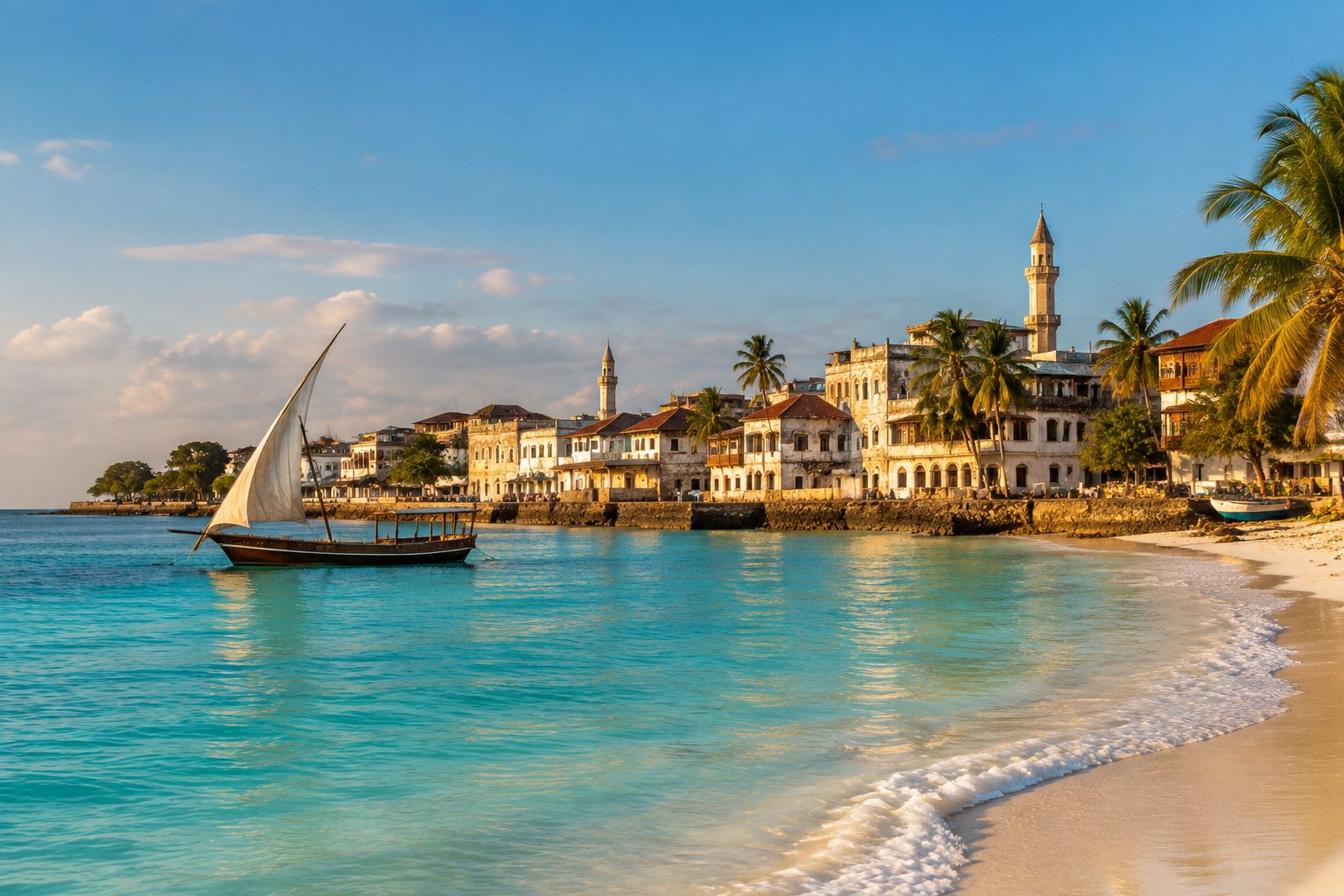 Stone Town’s historic waterfront overlooks a white-sand beach and turquoise ocean.