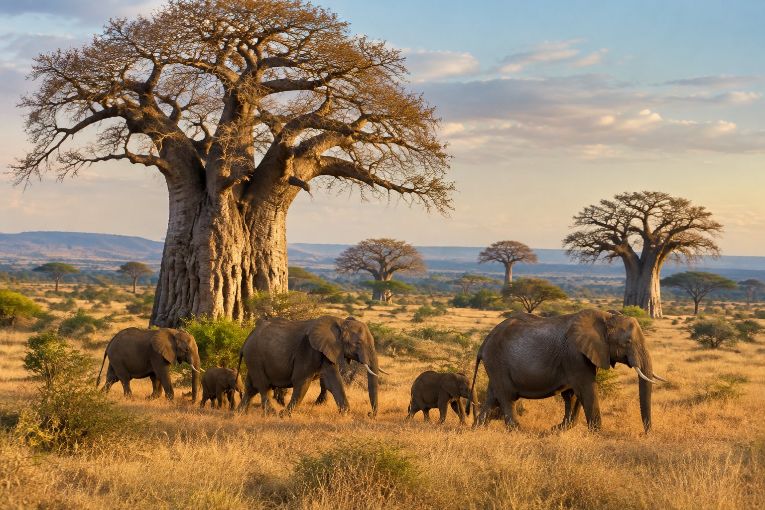 A herd of elephants walks across the savanna beneath baobab trees.