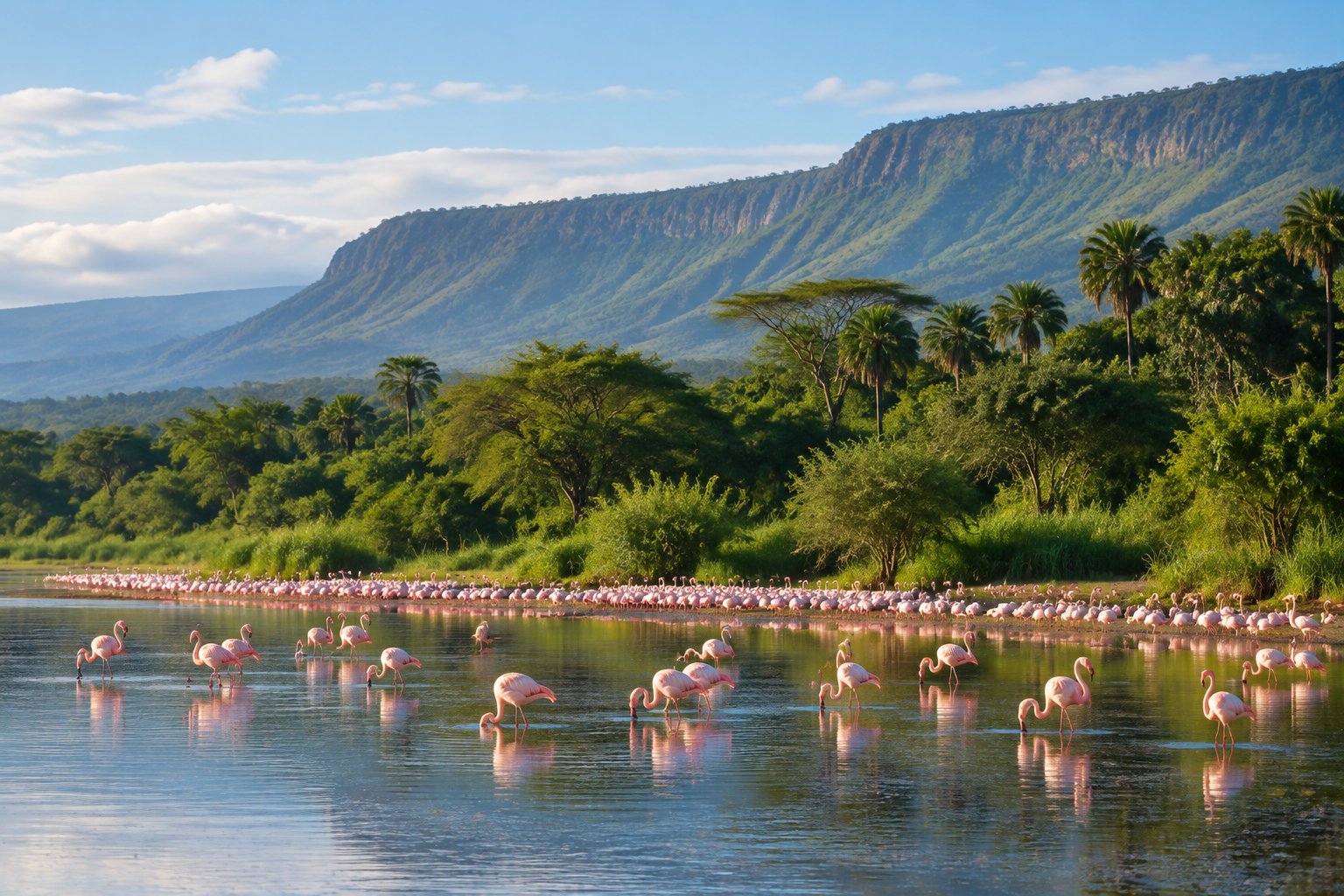 Pink flamingos wade in a lake bordered by lush forest and a distant escarpment.