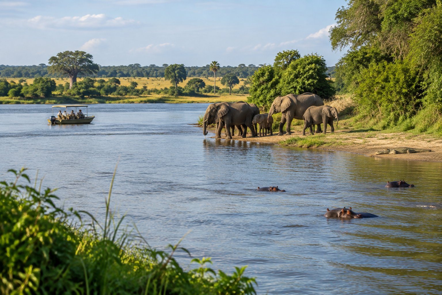 A safari boat travels along a Tanzanian river as elephants drink on the bank and hippos rest in the water.