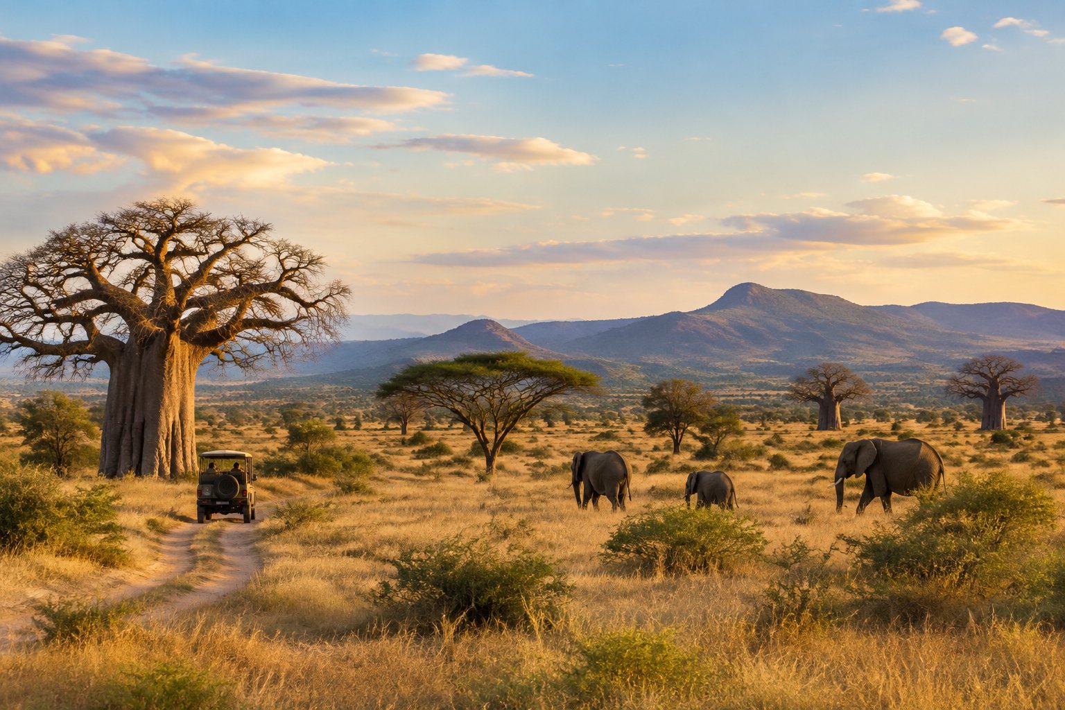Elephants cross open grassland near a safari vehicle in Ruaha National Park.