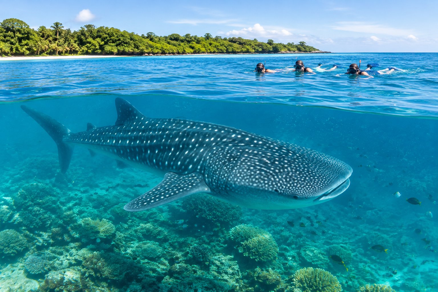 A whale shark swims beneath snorkelers near Mafia Island.