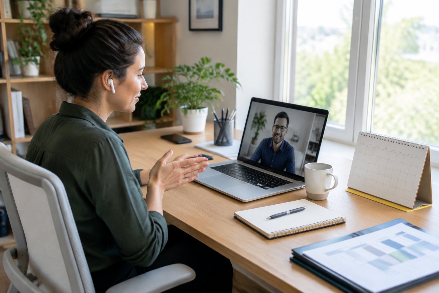Una persona freelance conversa por videollamada con un cliente mientras organiza su trabajo en un escritorio.
