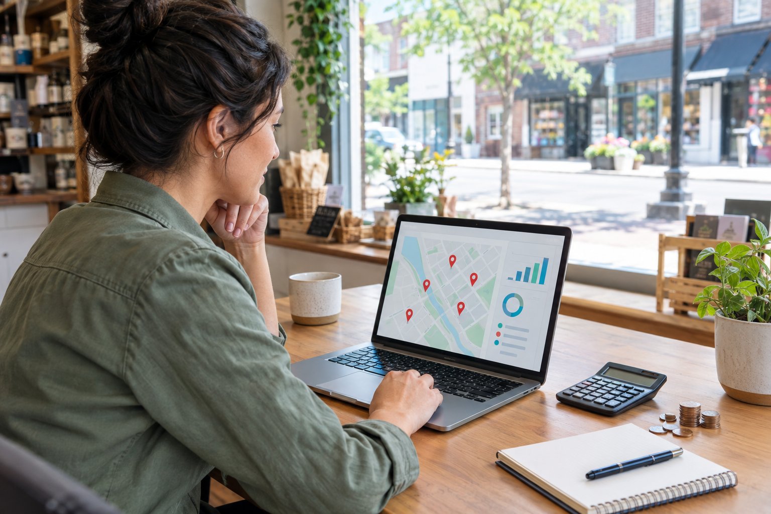 A small-business owner reviews a laptop beside a calculator and coins in a local shop.
