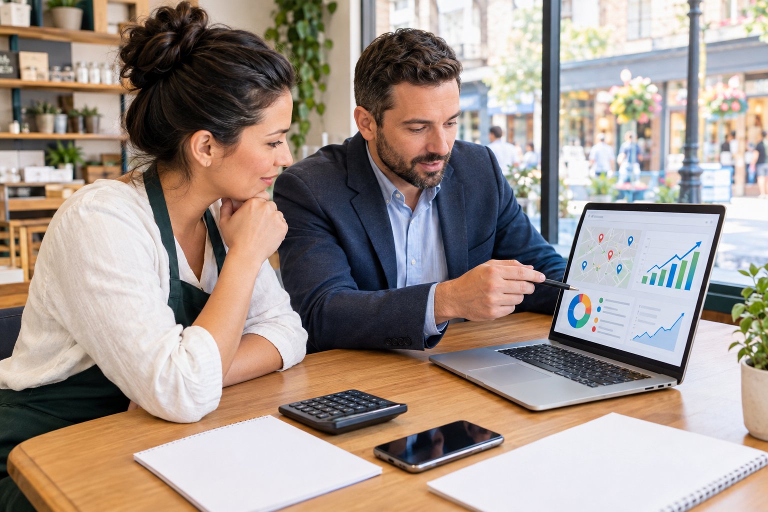 A small business owner and marketing consultant review a laptop and budgeting materials at a desk.