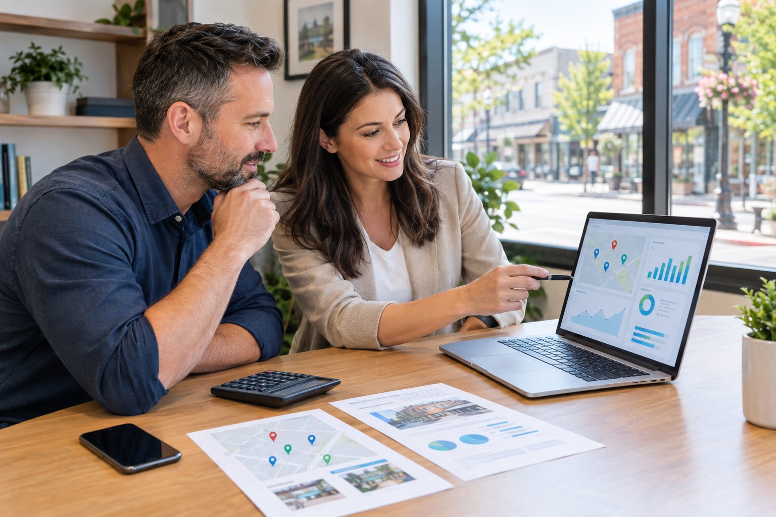 A small-business owner and marketing consultant review a laptop and budget materials at a desk.