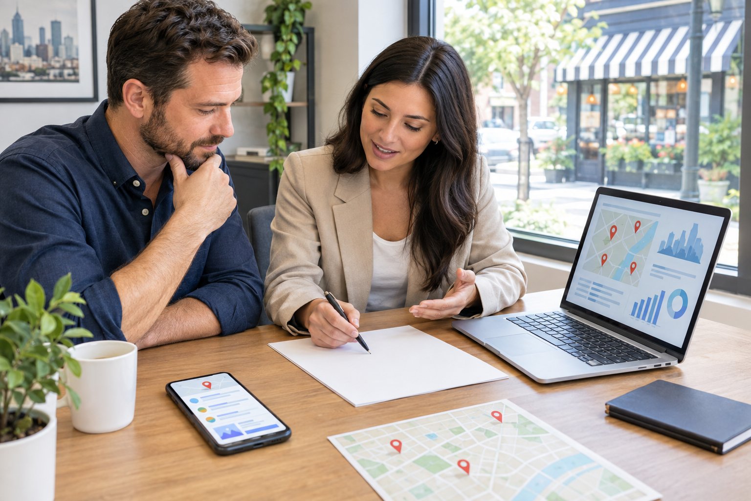 A small-business owner and marketing consultant review a proposal together at a desk.