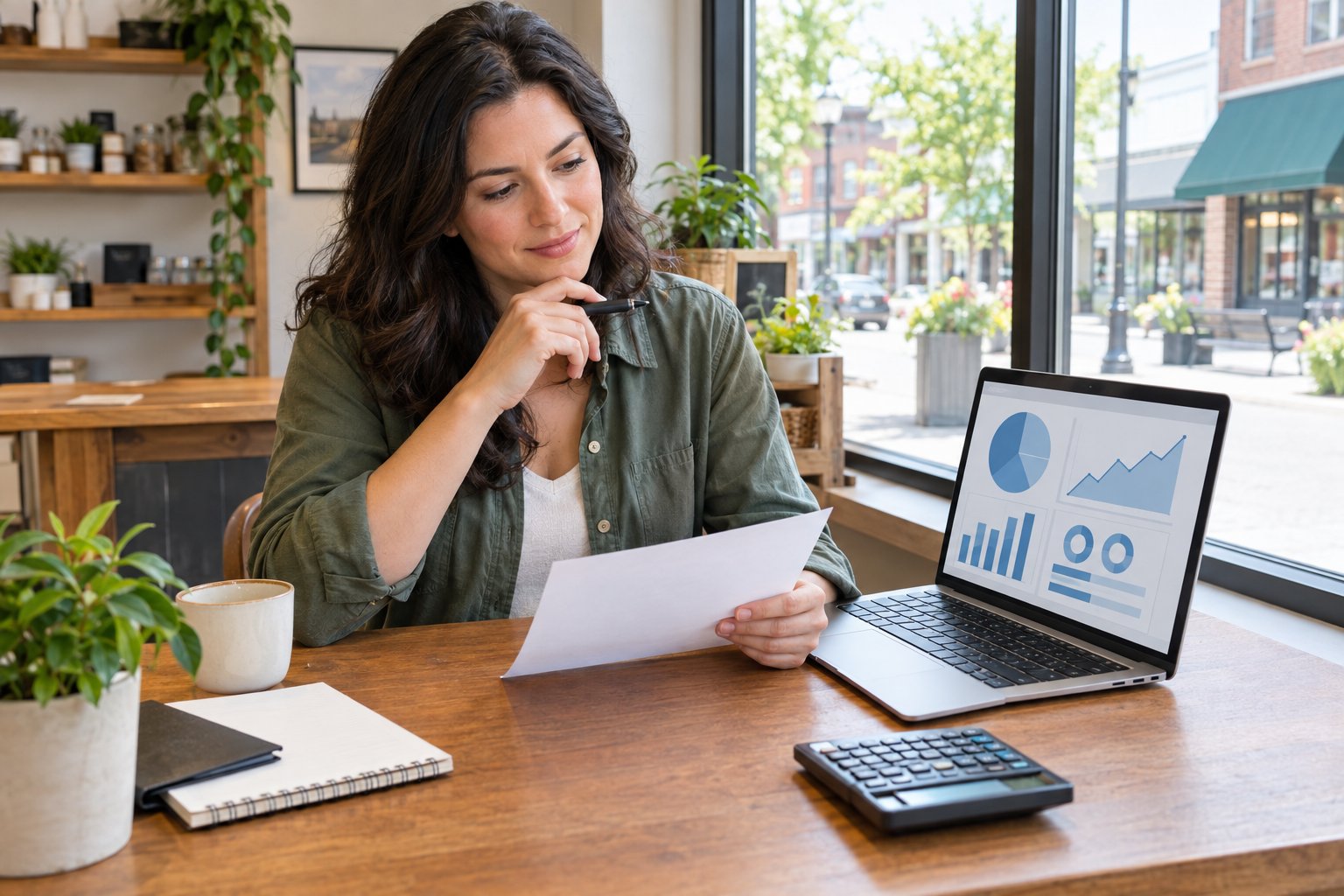 A small-business owner reviews a blank estimate beside a laptop at a desk.