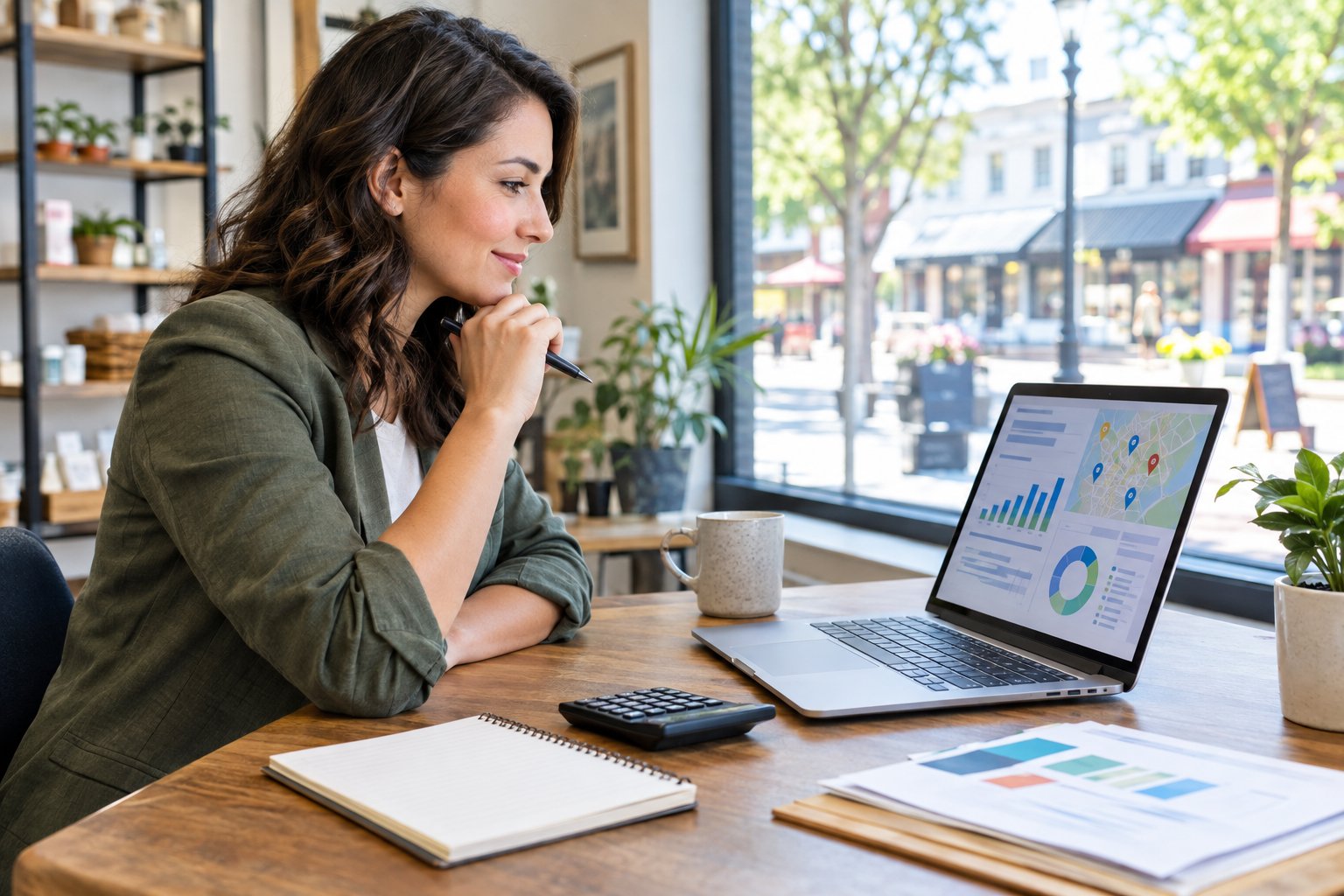 A small business owner reviews a laptop and budgeting materials at a desk.