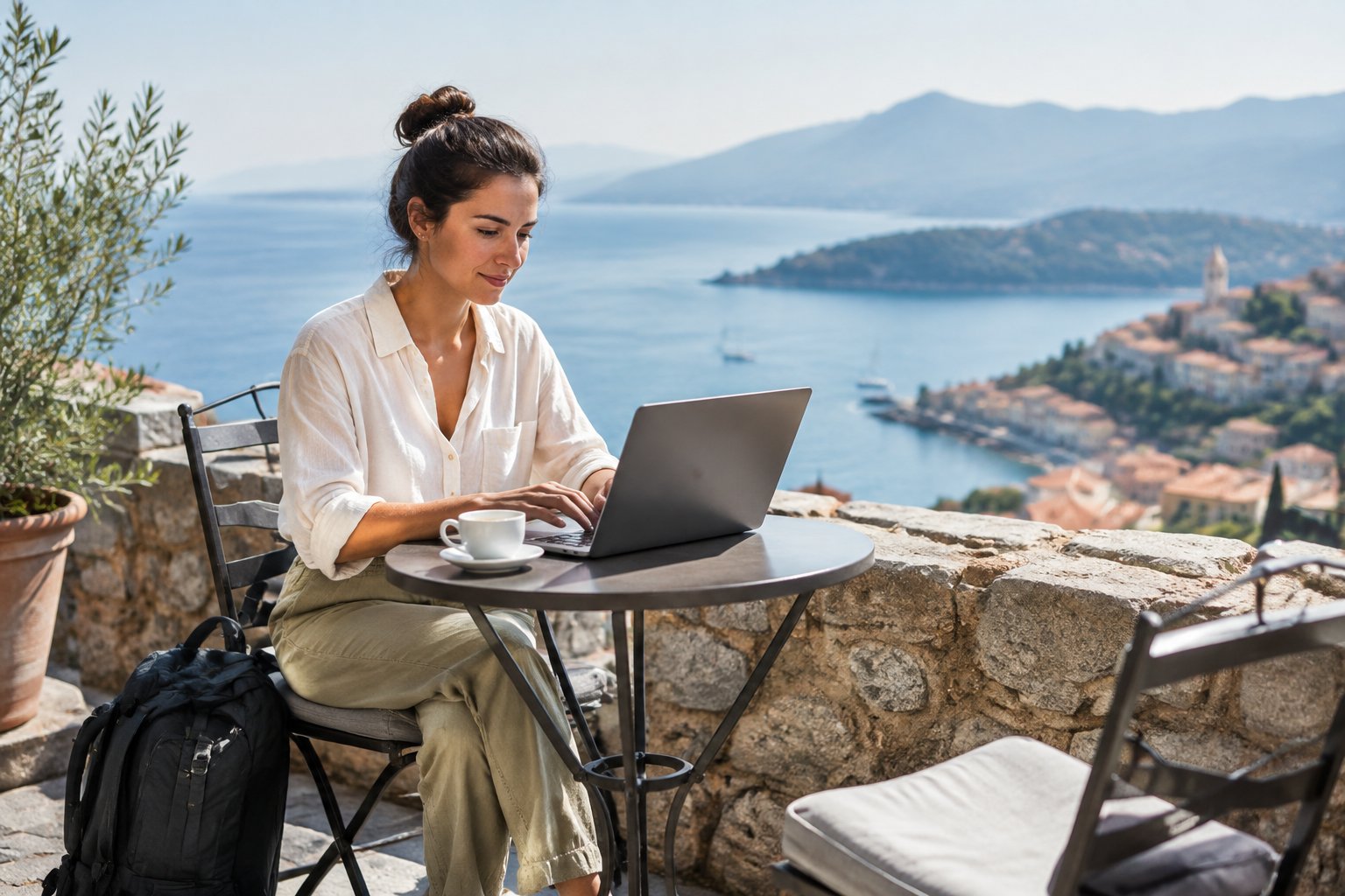 Una persona trabaja con una computadora portátil en una terraza junto al mar.
