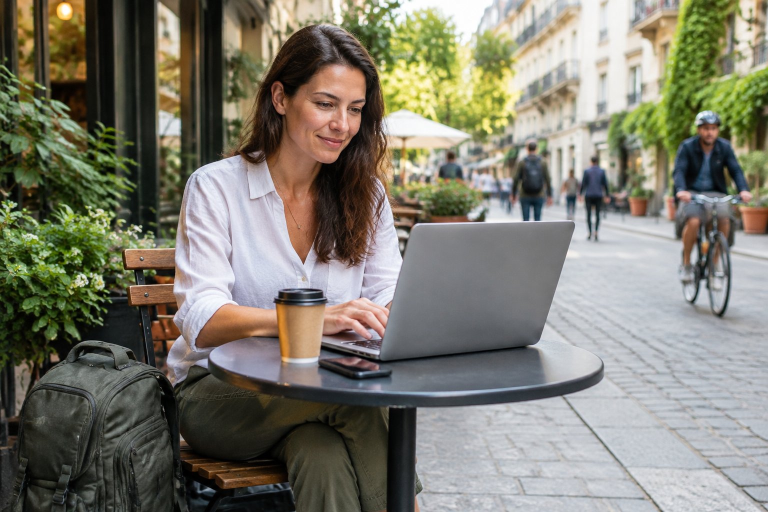 Una persona trabaja con una computadora portátil en una cafetería al aire libre, con una mochila junto a su silla.