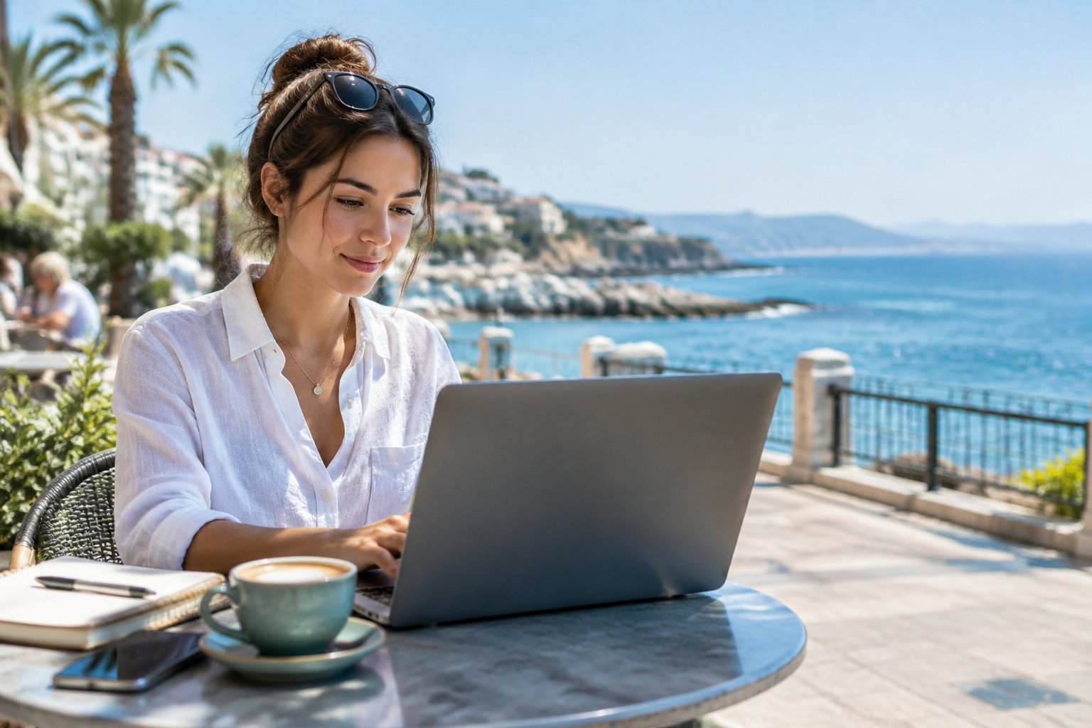 Una persona trabaja con una computadora portátil en una cafetería junto al mar.