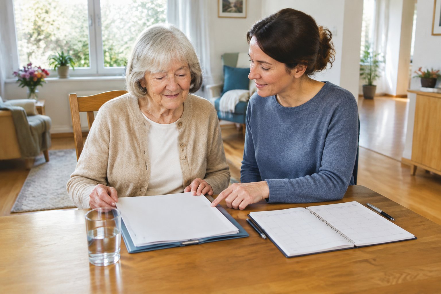 Eine ältere Person und eine Angehörige betrachten gemeinsam Unterlagen am Tisch.