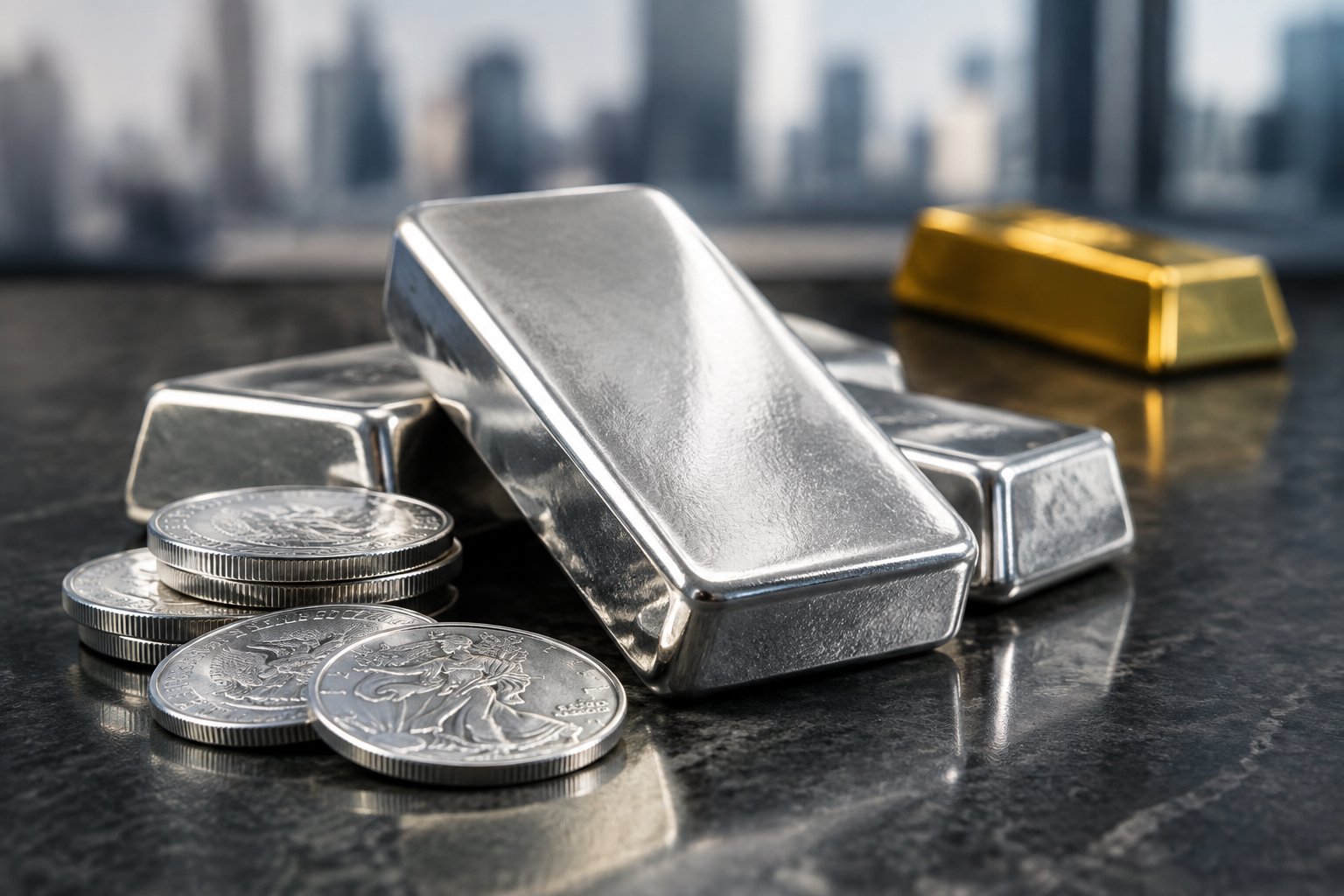 Silver bars and coins arranged in front of a softly blurred gold bar.