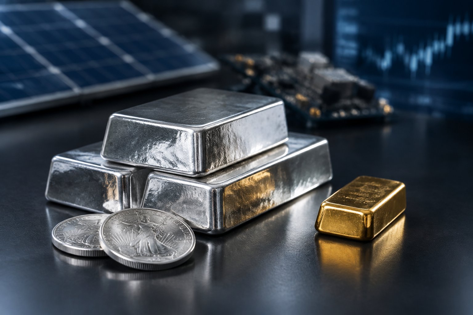 Silver bars and coins displayed beside a gold bar, with solar panels softly blurred in the background.