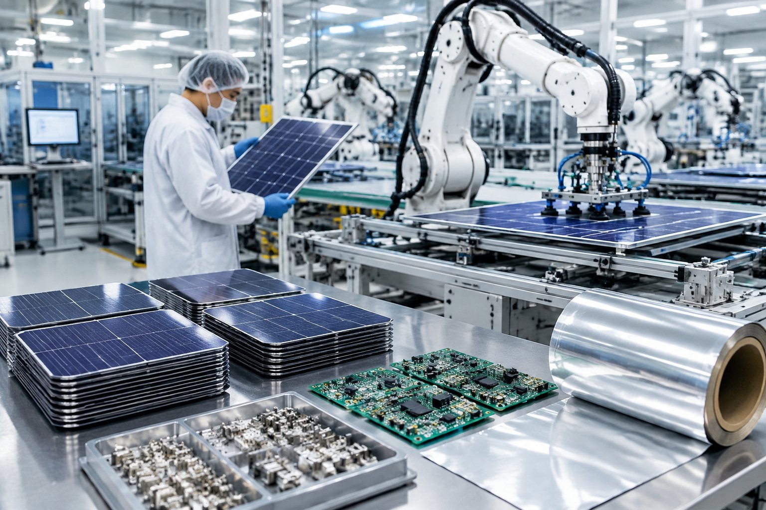 A technician inspects solar panels and electronic components in a modern manufacturing facility.