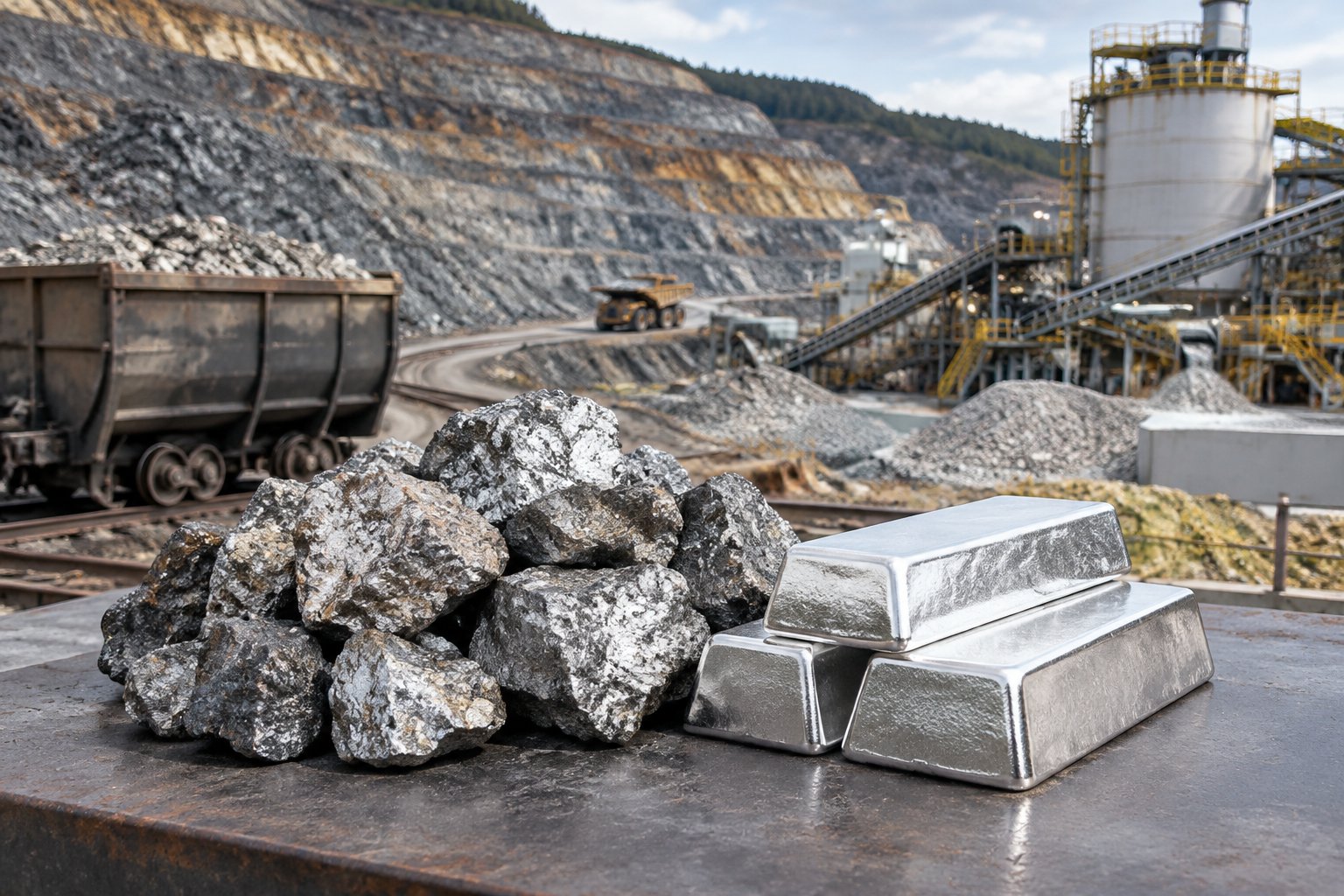 Silver bars and raw silver ore sit near equipment at a mine.