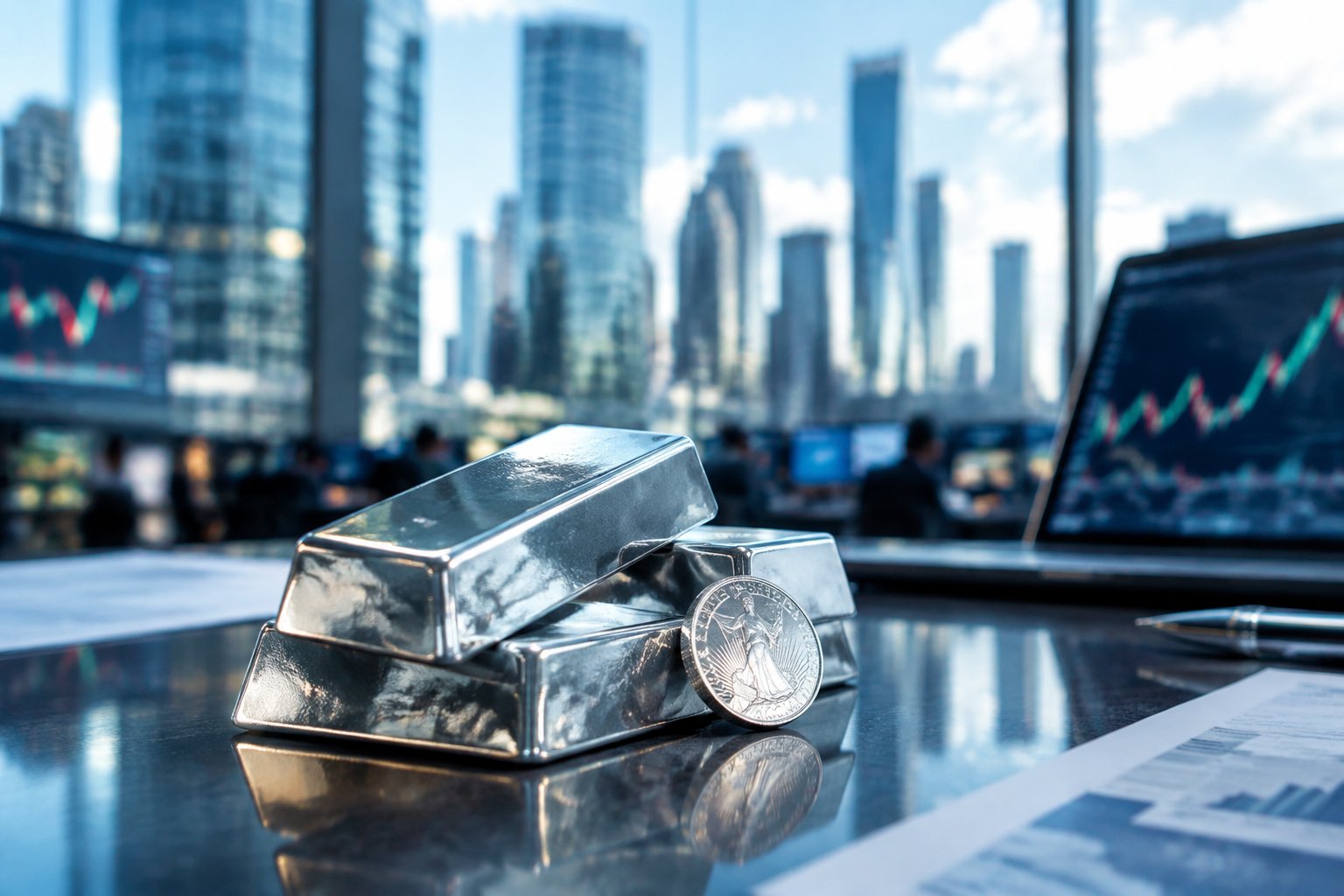 Silver bars and a coin sit in the foreground of a modern financial trading environment.