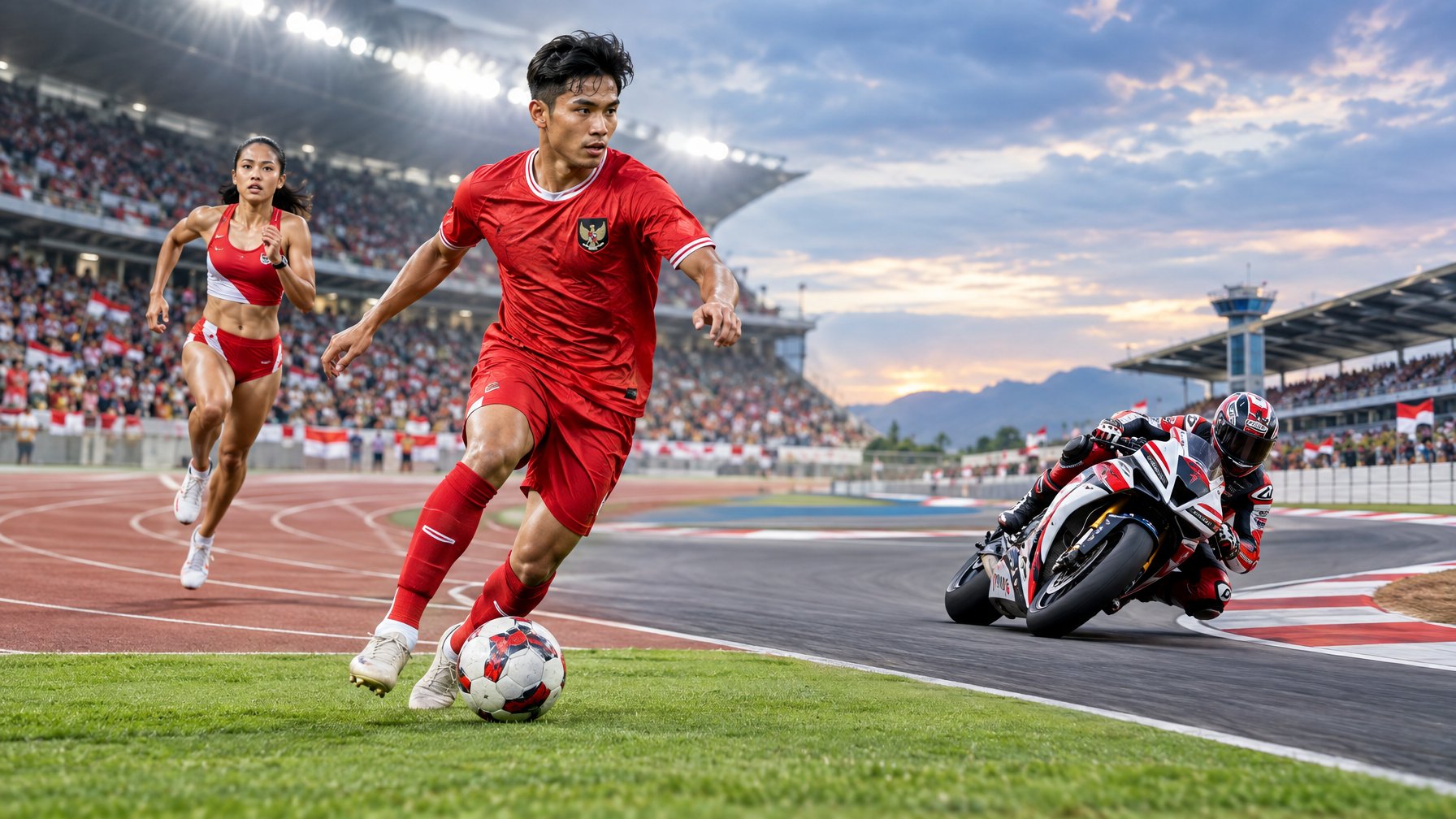 Pemain sepak bola Indonesia, atlet lintasan, dan pembalap MotoGP beraksi di arena olahraga.