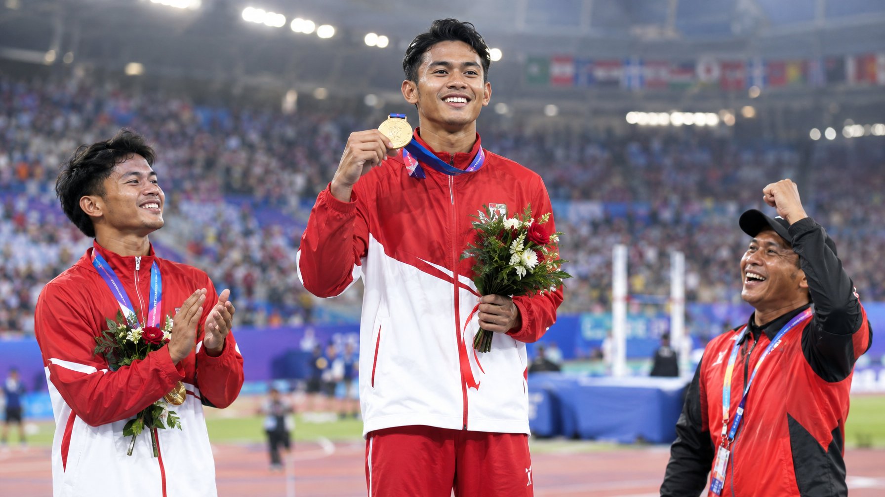 Atlet Indonesia merayakan kemenangan di podium bersama rekan dan pelatihnya.
