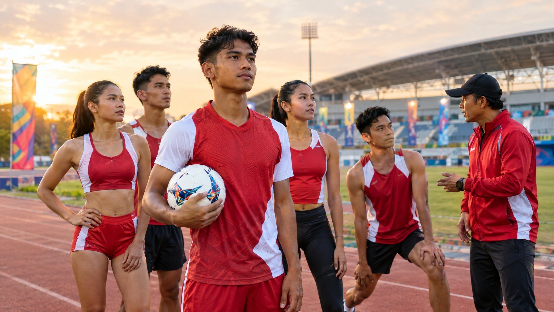 Atlet Indonesia berlatih bersama di lapangan olahraga dengan stadion di latar belakang.