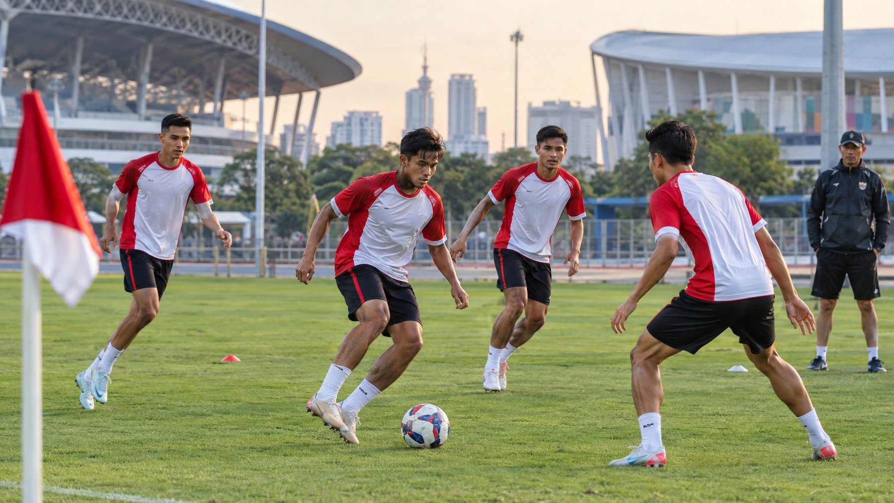 Para pemain Timnas Indonesia berlatih sepak bola di lapangan.